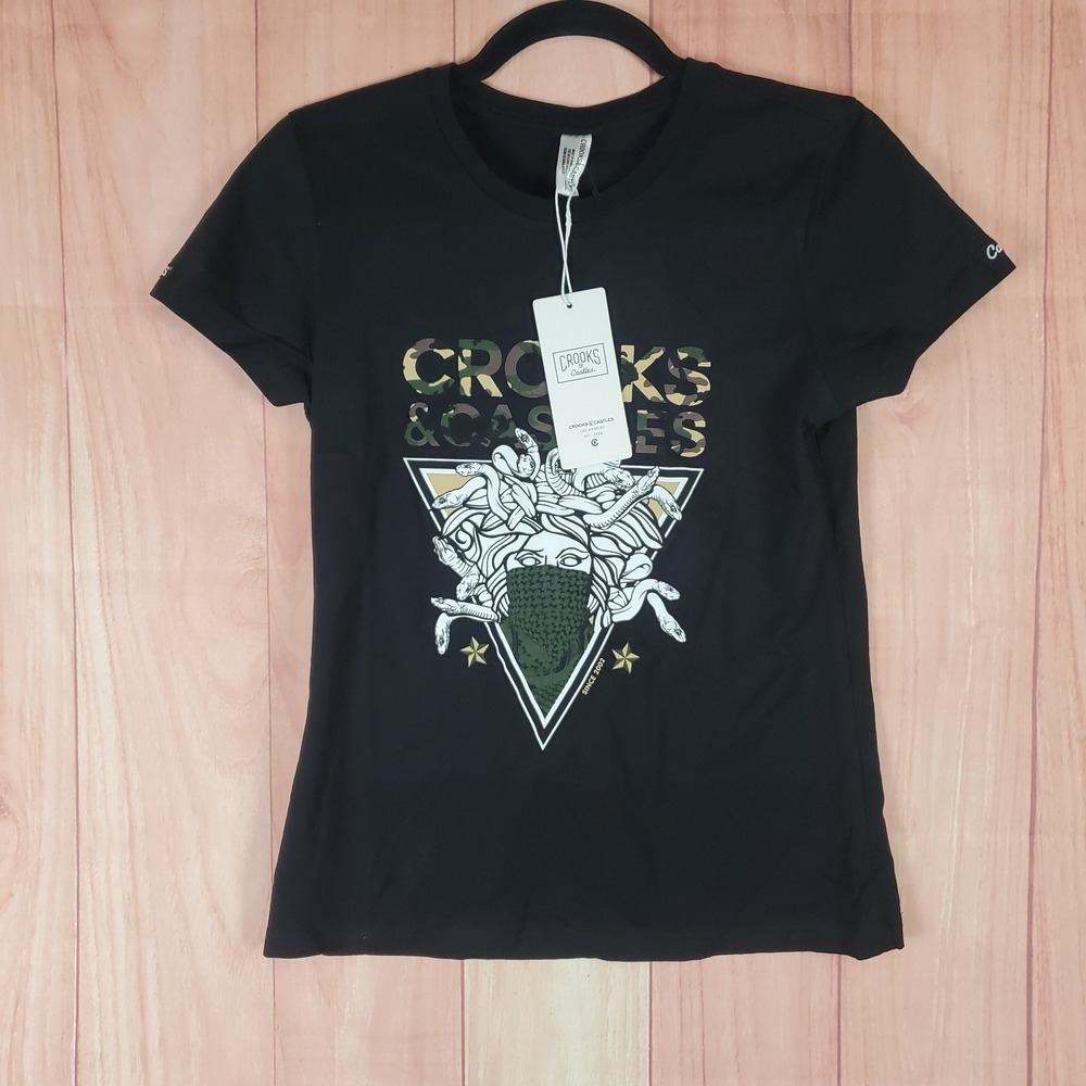 Crooks & Castles The Medusa On Camo‎ Tee Shirt Womens Small Back Graphic Cotton